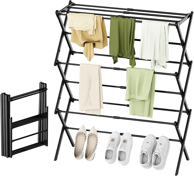 Foldable Drying Rack Clothing, 3-Tier Portable Clothes Drying Racks for Indoor & Outdoor, Anti-Rust Compact Laundry Rack Collapsible, Black 28" D x 10" W x 35" H
