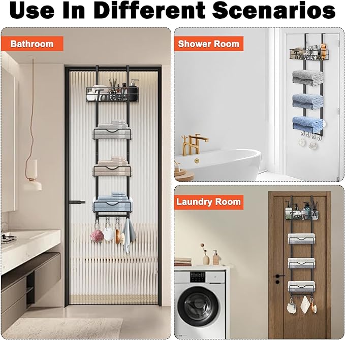 HarJue Over The Door Towel Racks, No Drill Towel Storage with Basket & Hooks, Space-Saving Multi-Functional Towel Holder for Bathrooms, bedrooms, Apartments, RVs (Matte Black)