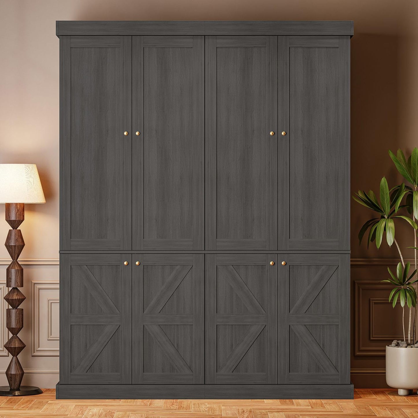 ivaniti 70.8" Tall Bookshelf with Doors, Farmhouse Modular Bookcase with 4-Tier Adjustable Shelves, Large Storage Cabinet for Home Office, Living Room, Brown, Set of 2
