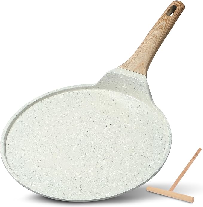ESLITE LIFE 9.5 Inch Crepe Pan with Spreader, Nonstick Ceramic Coating Dosa Pan, Roti Tawa Comal Para Tortillas Pancake Griddle Pan, Induction Compatible, PTFE & PFOA Free, White