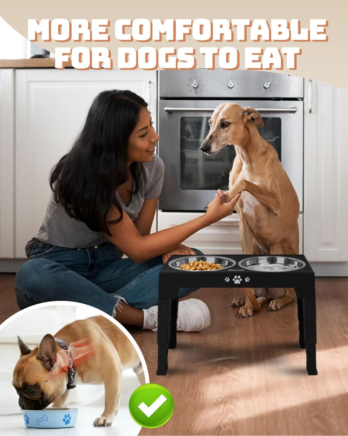 Jovrun Elevated Dog Bowls, Dog Feeder with 2 Stainless Steel Dishes &1 Slow Feeder Bowl, 5 Heights Adjustable Raised Stand for Medium Large, Food Dishes with Non-Slip Feet