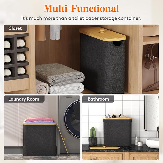 Lifewit Toilet Paper Storage Holder for 9 to 12 Rolls, Free Standing Toilet Paper Basket Stand with Bamboo Lid, Collapsible Fabric Bathroom Organizer Box for Mega Rolls, 23L, Large, Dark Gray