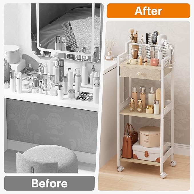 3 Tier Rolling Utility Cart Organizer with Removable Drawer, 12.8in Large Floor Makeup Skincare Organizers Cosmetics Display Cases Holder for Hair Tool, Kitchen, Bathroom, Laundry Room Organization