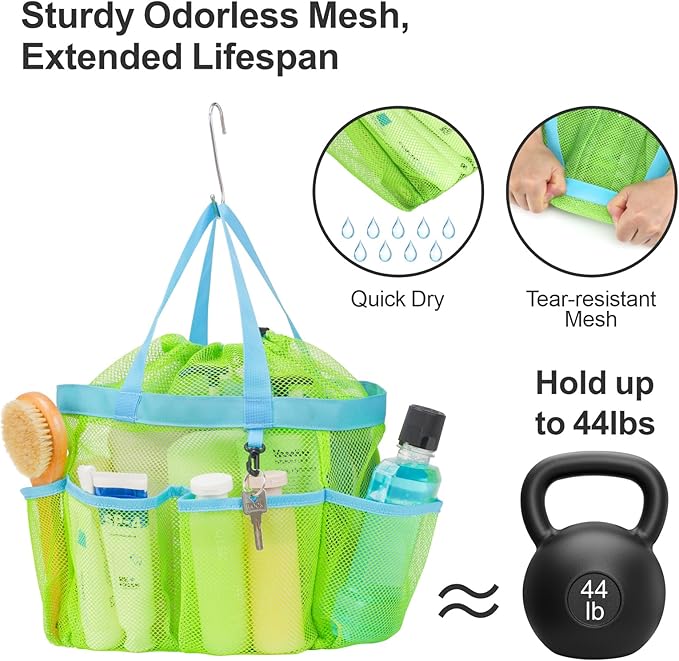 F-color Mesh Shower Caddy Portable with Drawstring - Large 8 Pockets Dorm Room Essentials for Guys Girls with S Hook, Shower Bag Basket Tote for College Camping Gym Travel Toiletry Bathroom, Green