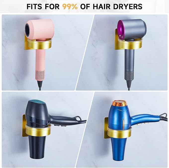 Hair Dryer Holder Wall Mounted, Blow Dryer Holder, Hair Tool Organizer for Hair Dryer Storage Hanger, Adhesive Hairdryer Holder for Bathroom Barber Shop (Gold)