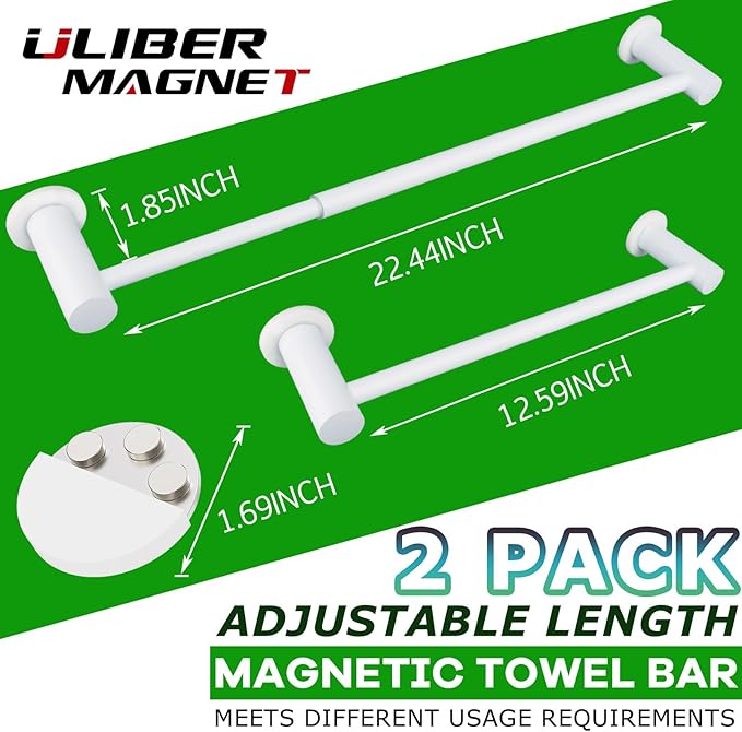 ULIBERMAGNET Magnetic Towel Holder, Magnetic Towel Rail White with Adjustable Length, Non-Slip Stainless Steel Towel Rail for Refrigerator, Oven, Dishwasher, Cabinet, Laundry (2 Pack)