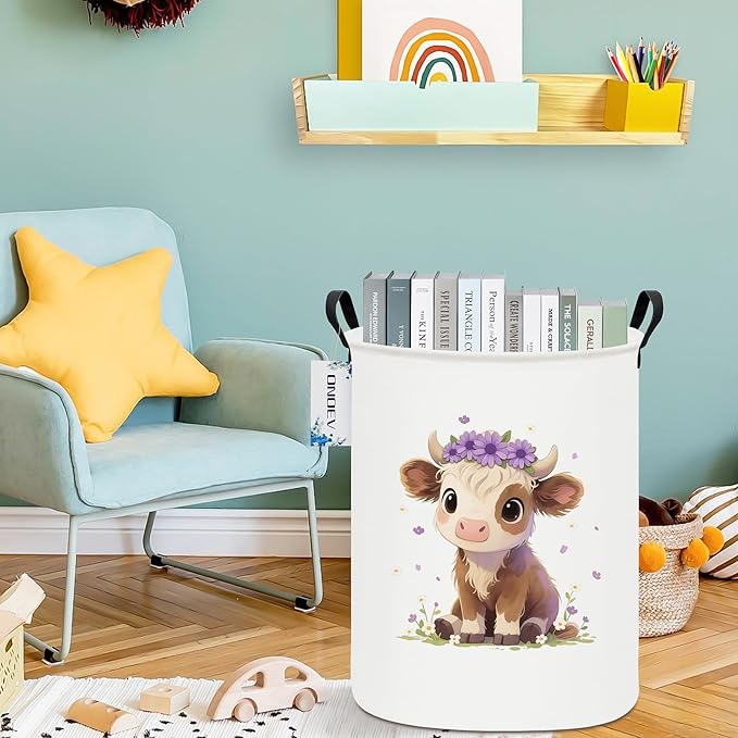 Round waterproof laundry basket,laundry Hampers with handle,gift basket,suitable for children's room and toy storage (Cute calf)