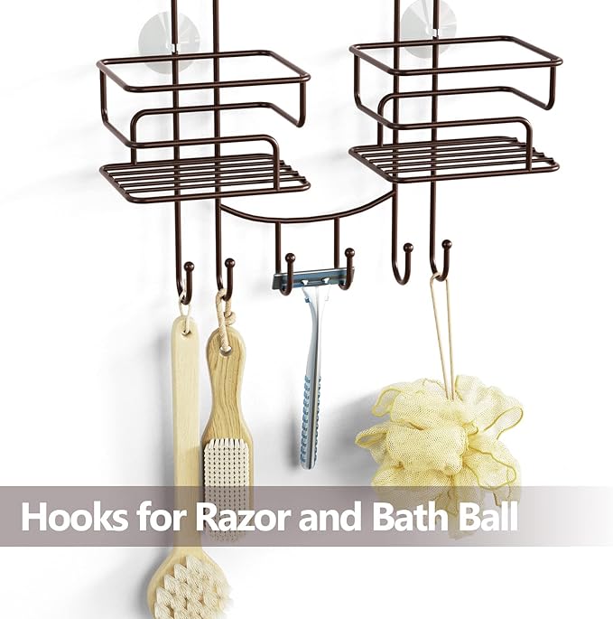SRIWATANA Shower Caddy Organizer Hanging Over Head, Bathroom Shower Rack Hanger with Hooks for Razors - Bronze