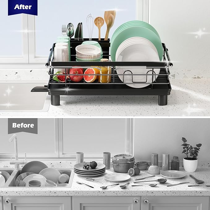 In Sink Dish Drying Rack, Expandable Over The Sink Dish Rack for Small Kitchen, Space Saving Stainless Steel Black Dish Drainer with Utensil Holder, 14.1"-21.2" L x 11"W, Compact Plate Dryer Strainer