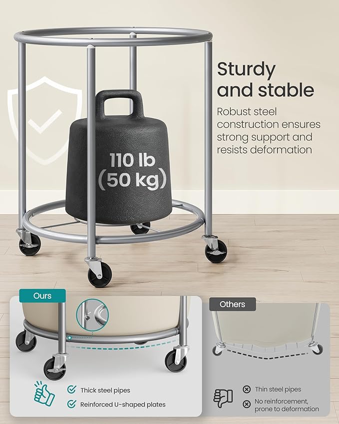 SONGMICS 50.2-Gallon (190 L) Laundry Basket with Wheels, Rolling Round Heavy-Duty Laundry Hamper Cart with Steel Frame and Removable Bag, 2 Locking Wheels, Coffee Brown and Cream White URLS001KQ02