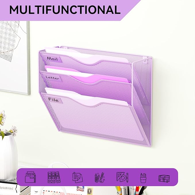 3 Pockets Hanging Wall File Organizer Mail Holder, Wall Mounted Paper Document Folder Holder, Clipboard Storage Organization Magazine Rack, Light Purple