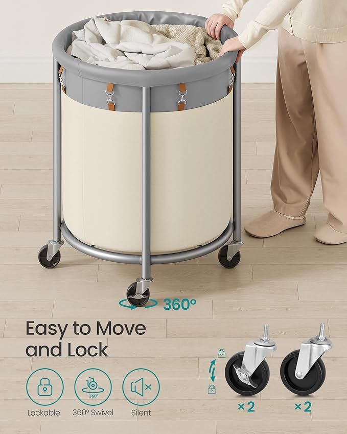 SONGMICS 50.2-Gallon (190 L) Laundry Basket with Wheels, Rolling Round Heavy-Duty Laundry Hamper Cart with Steel Frame and Removable Bag, 2 Locking Wheels, Dove Gray and Cream White URLS001GD02