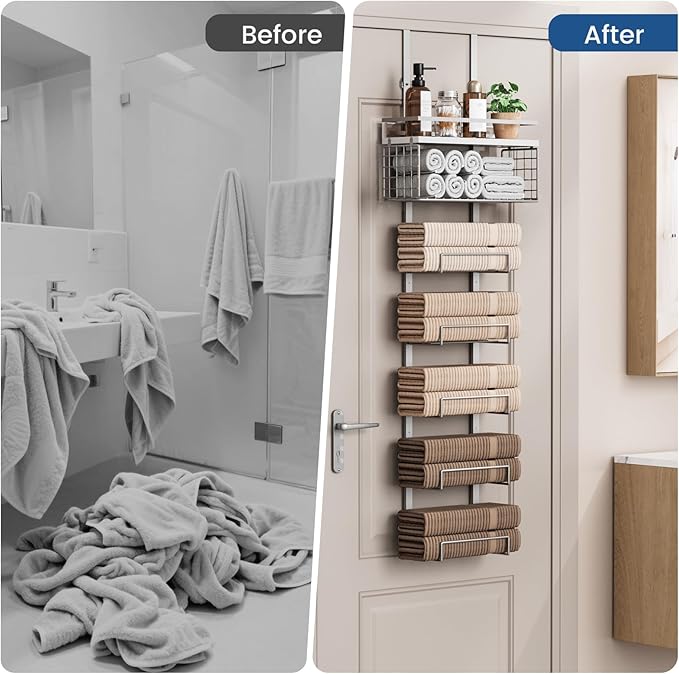 Towel Racks for Bathroom Over The Door Towel Racks Towel Storage Organizer with Metal Shelf Basket for Bathroom Rv Camper (7-Tier Silver)