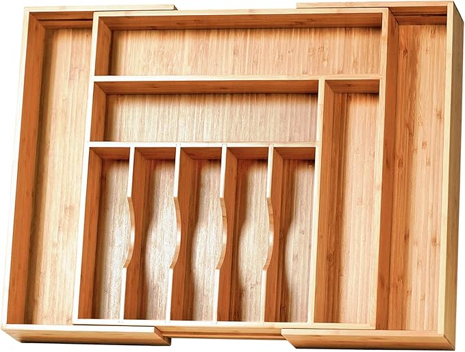 Umilife Large Kitchen Drawer Organizer, 19"x20" Silverware Utensils Organizer, 2.5" High for Large Deep Drawers, Bamboo Flatware Holder with Thick Frames, Sturdy Kitchen Organization Tray
