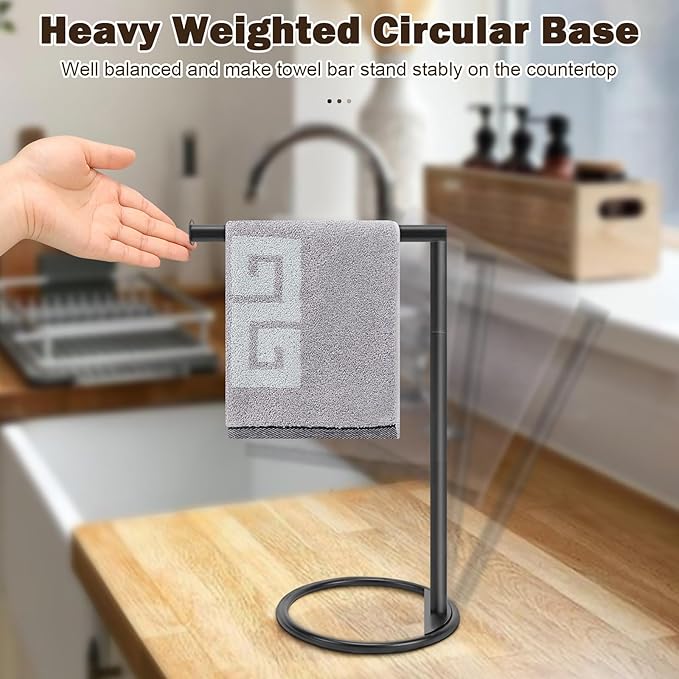NearMoon Hand Towel Holder Stand, Thicken Metal L Shape Hand Towel Rack, Small Towel Ring, Stable Standing Towel Bar for Bathroom Kitchen Vanity Countertop, 8” L 14” H (Matte Black, 2 Pack)