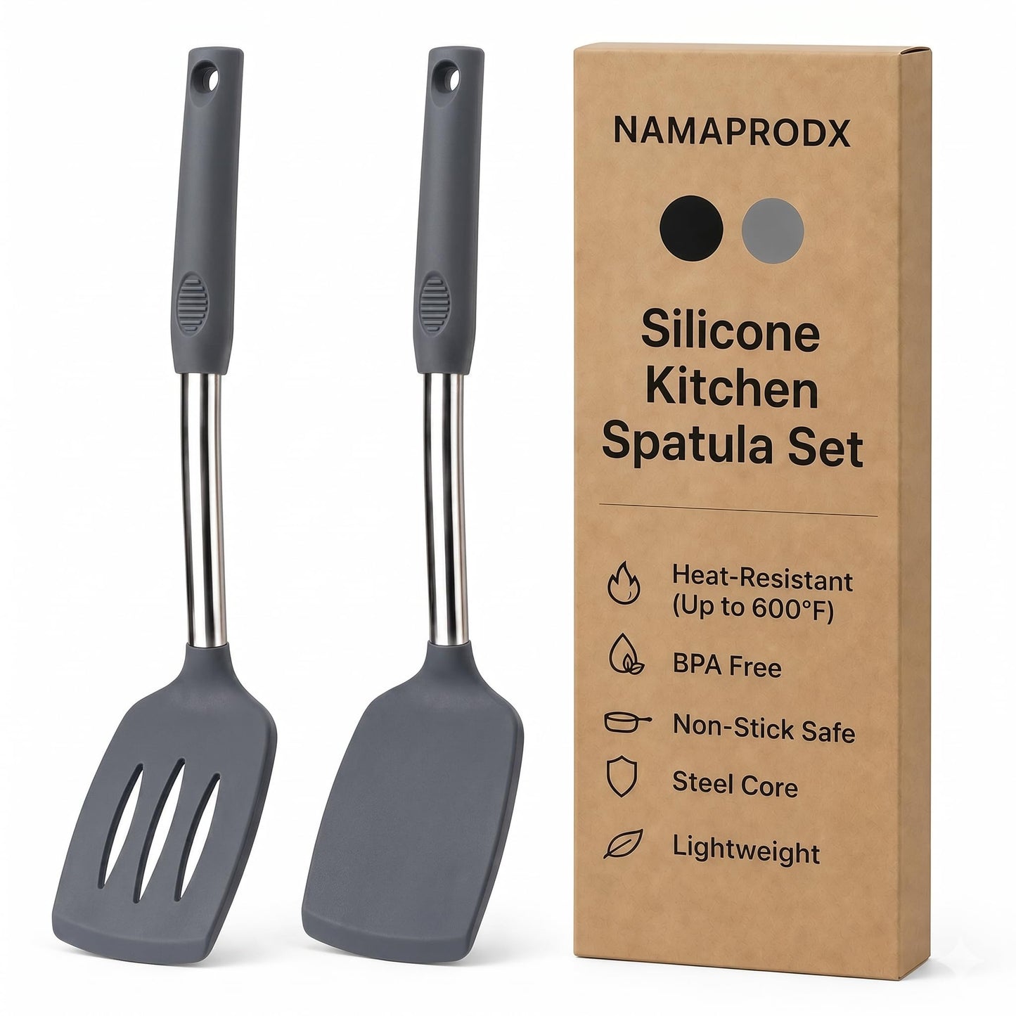 NAMAPRODX Silicone Spatula Set (2-Pc) - 600°F Heat Resistant, BPA Free, Non-Scratch, Dishwasher Safe I Slotted & Solid Kitchen Spatula Turners I Ideal for Eggs, Pancakes, Fish I Stainless Steel I Gray