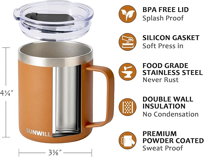 SUNWILL Travel Coffee Mug with Lid, Insulated Tumbler Set of 2, Stainless Steel Cup 14 oz for Camping, Outdoor, Gifts, Powder Coated Olive & Caramel
