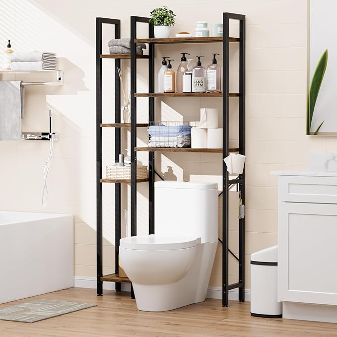 OTK Over The Toilet Storage with 7-Tier Bathroom Organizer Shelf, Freestanding Space Saver with Adjustable Feet & Hooks, Storage Rack for Bathroom, Restroom, Laundry, Rustic Brown