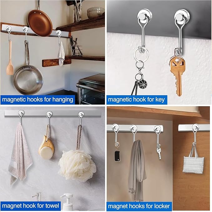 LOVIMAG Hooks, 30lbs+ Magnetic Magnet Hook 2025 Cruise Cabin Ship Essentials Heavy Duty Strong Refrigerator Fridge Hanging for Classroom Beach Vacation Kitchen Grills Home Mug Hanger (12 Pack), Silver