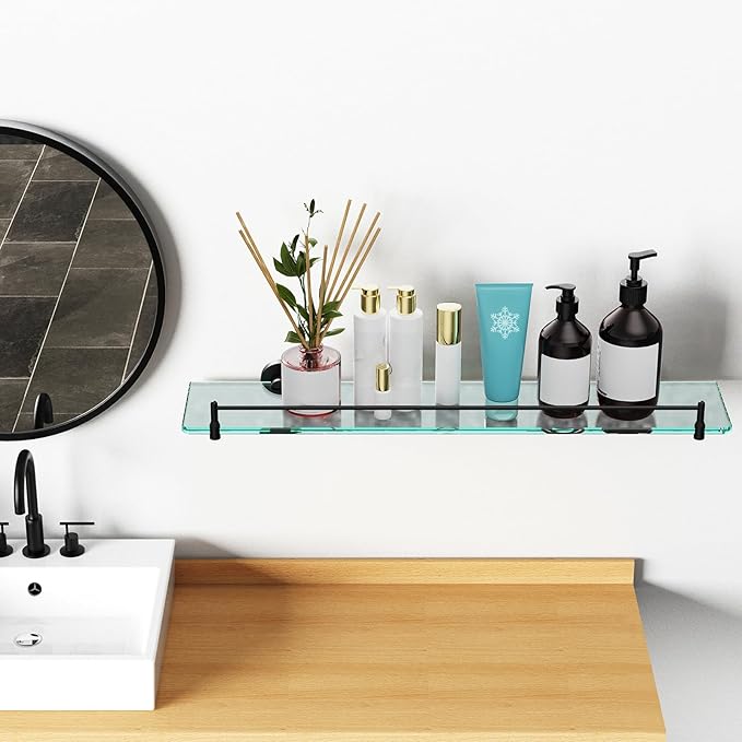 24 Inch Glass Bathroom Shelves,Matte Black Floating Shelves for Wall Rectangular Modern Stainless Steel Glass Shelf for Bathroom Shelves Wall Mounted