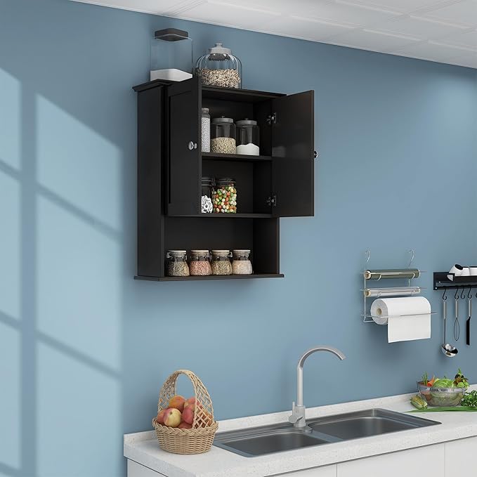 Black Wall Cabinet 24x30 Inch Wooden Over The Toilet Storage Cabinets with 2 Doors, Above Toilet Storage Medicine Cabinets for Bathroom Laundry Room Bedroom Kitchen