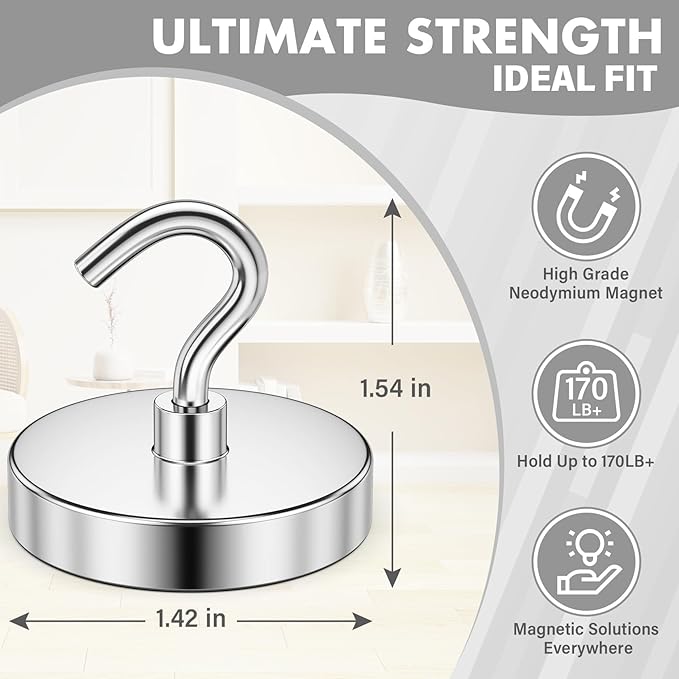 Magnetic Hooks, 170lbs Strong Magnet Hooks for Cruise Cabin, Strong Magnets Heavy Duty, Magnetic Key Holder for Fridge, Kitchen, Grills, Office, Classroom, 4 Pack, Silver