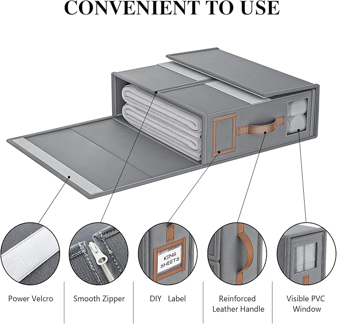 3 Pack Foldable Bed Sheets Set Organizers and Storage(King & Queen Size),Linen Fabric Closet Organizers with Window,Folding Bedding Storage Box for Bedsheets and Pillow Cube Organizer-Gray