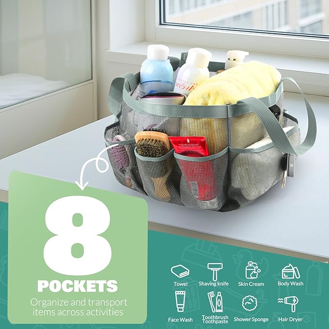 Mesh Shower Caddy Portable for College Dorm Room Essentials with 8 Pockets, Shower Bag for Beach, Swimming, Gym, Travel, Bathroom(All gray)