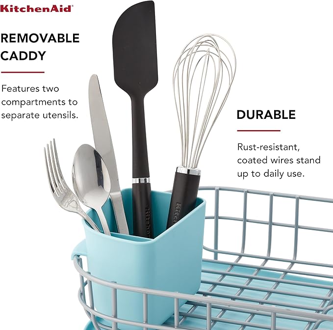 KitchenAid Low Profile Compact Dishrack with Removable Flatware Caddy and Angled Self-Draining Board, Rust Resistant Wires, 12.59 x 17.55 x 6.29 Inch, Mineral Water