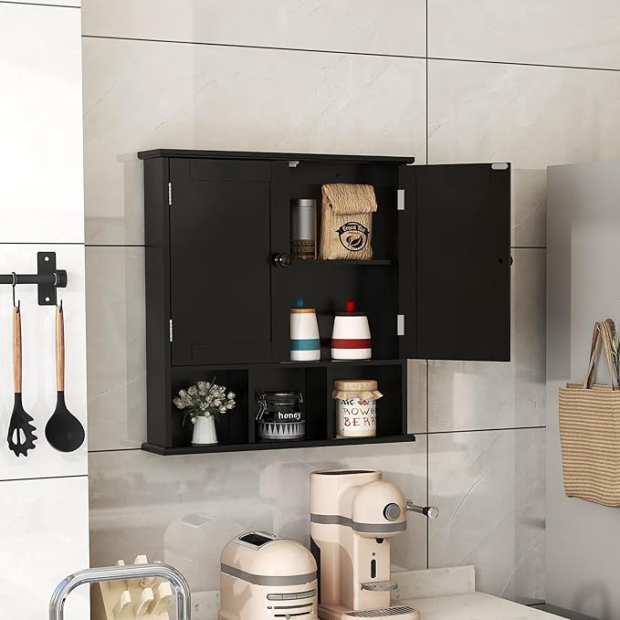TaoHFE Black Bathroom Over The Toilet Storage Cabinet,Wall Medicine Cabinet Organizer with 2 Door Adjustable Shelves,Wooden Modern Bathroom Shelves Wall Mounted Laundry Room