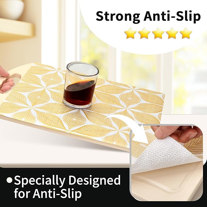 Shelf Liners for Kitchen Cabinets 17in x 30FT, Non Adhesive Cabinet Liner Strong Non-Slip Golden Leaf Drawer Liner, Easy to Clean for Shelf, Cabinet with Knife and Tape Measure