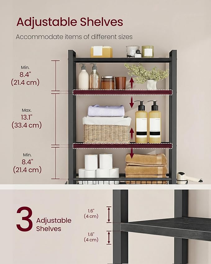 VASAGLE Over The Toilet Storage, Over Toilet Bathroom Organizer with Adjustable Shelves and Basket, 3 Hooks, Space Saving, 9.4 x 23.6 x 68.1 Inches, Ebony Black UBTS114BE01S