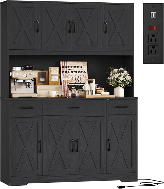 HOSTACK 71" Tall Kitchen Pantry Storage Cabinet, 55" W Kitchen Hutch, Black