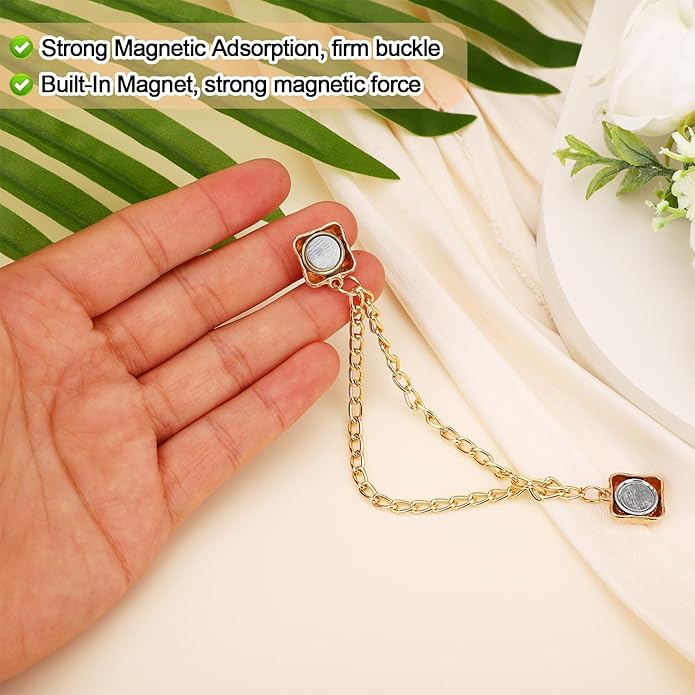 6pcs Magnetic Clothing Clips with Chain, Multi-Function Magnet Button Pins Hijab Cuff Clips for Fixing Hem of Clothes Long Pants Legs Sleeves of Shirts