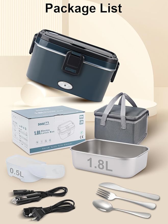 1.8L+0.5L Heated Lunch Box for Men, 80W Electric Lunch Box with Long-handled Utensils for Adults, 12V/24V/110V Lonchera Eléctrica Portátil, Portable Food Warmer for Car/Truck/Office (Deep Blue)