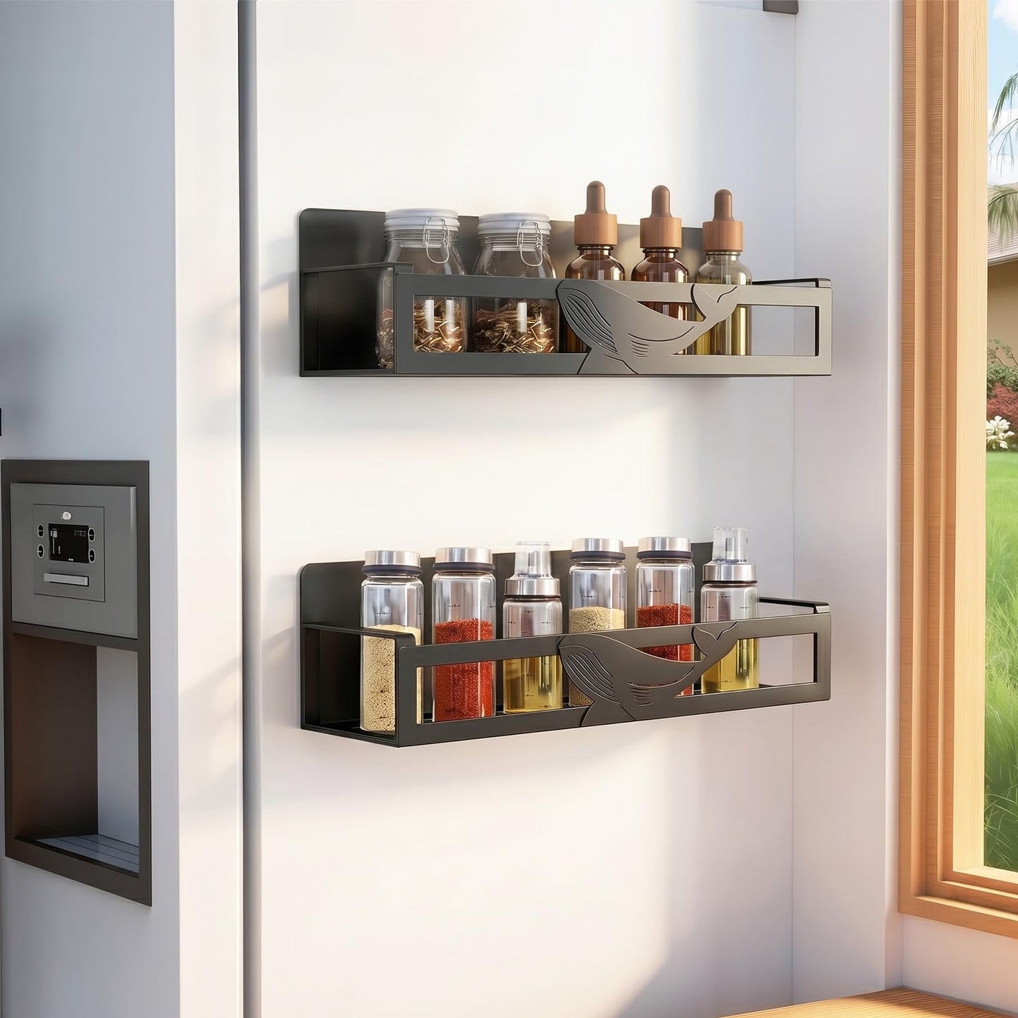 AURIKAR Magnetic Spice Rack for Refrigerator, 4-Pack Metal Seasoning Organizer for Kitchen Storage Organization, Space Saving Magnetic Shelf for Fridge, Pantry, Laundry Room, White