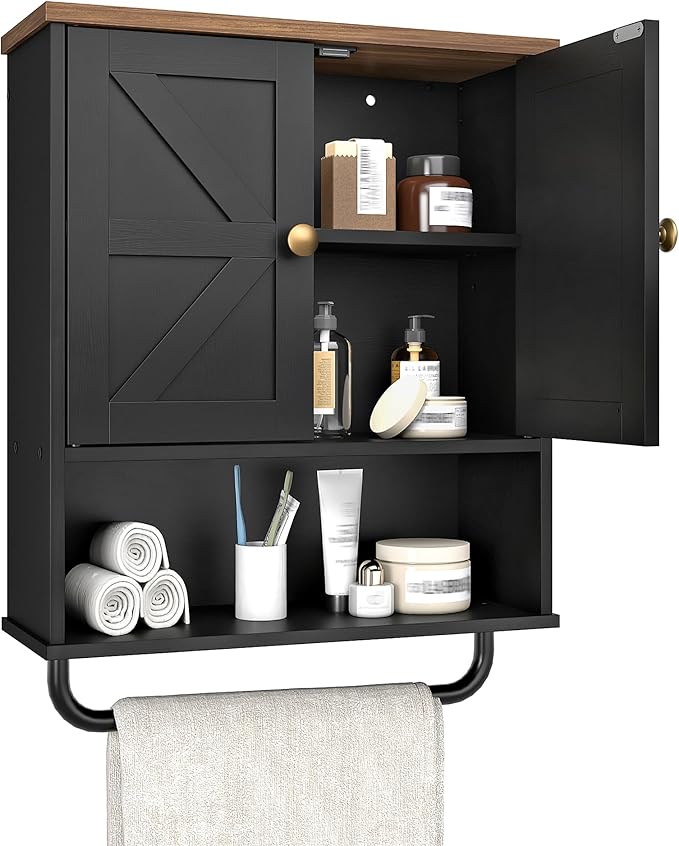 Bathroom Wall Cabinet, Medicine Cabinet with Open Partition and Towel Bar, Rustic Storage Cabinet with Open and Hidden Storage Space, for Bathroom, Living Room, Kitchen, Black and Walnut
