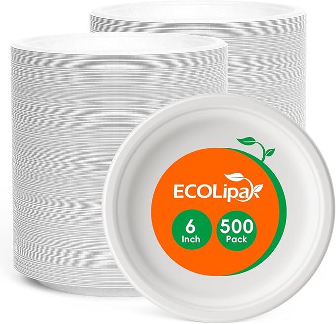 ECOLipak 150 Pack 10 inch Compostable Disposable Paper Plates for Party