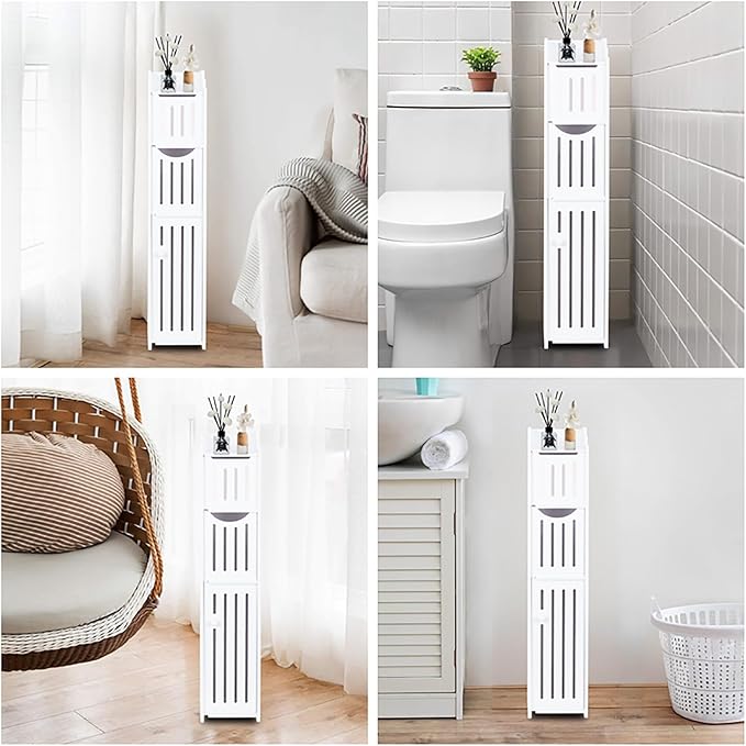 ShellKingdom Toilet Paper Holder Stand, Bathroom Storage Cabinet with Doors and Shelves, Slim Storage Cabinet for Bathroom Small Spaces Corner Shelf Organizer - White