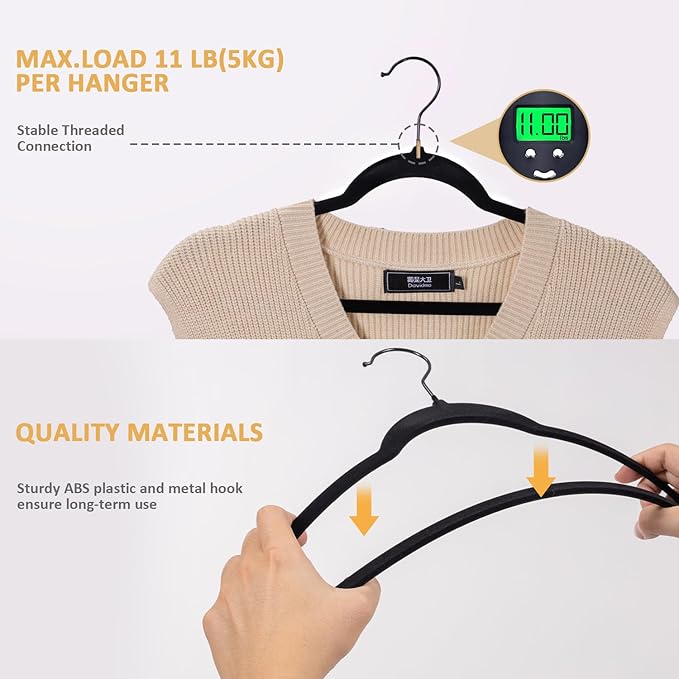 Pack of 60 Velvet Hangers, Space-Saving Heavy Duty Clothes Hangers for Suit, Non-Slip, 0.2 Inches Slim, 17.7 Inches Wide, 360° Swivel Black Hook - Black