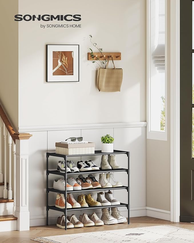 SONGMICS Shoe Rack, 4-Tier Shoe Storage Organizer, Space-Saving, 11.7 x 24.5 x 27.7 Inches, Entryway, Metal Frame, Non-Woven Fabric Shelves, Ink Black ULSH024BH01