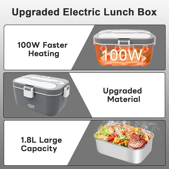DUPASU Electric Lunch Box Food Warmer: 100W Heated Lunch Box for Adults, 1.8L Portable Fast Heating Lunchbox Food Heater for Car, Truck, Work, Travel, Lonchera Elctrica Porttil 12/24V/110-230V