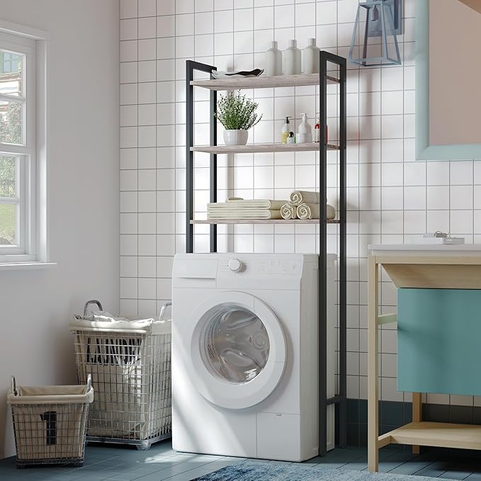HOOBRO Over The Toilet Storage, 3-Tier Bathroom Organizer Shelf Over Toilet, Freestanding Bathroom Storage Shelves, Space Saver, Easy to Assemble for Room, Greige and Black BG41TS01