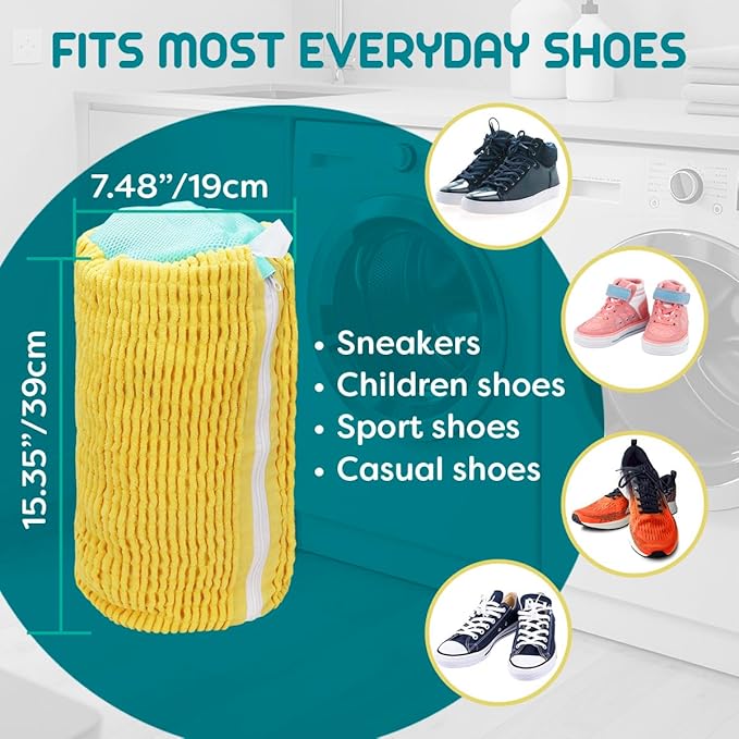 Shoe Washing Machine Bag - 2pcs - Laundry Shoe Bag for Washer and Dryer - 2pc Reusable Sneaker Cleaning Sack for All type of Tennis - Reinforced Zipper, 360° Deep Cleaning (Yellow)