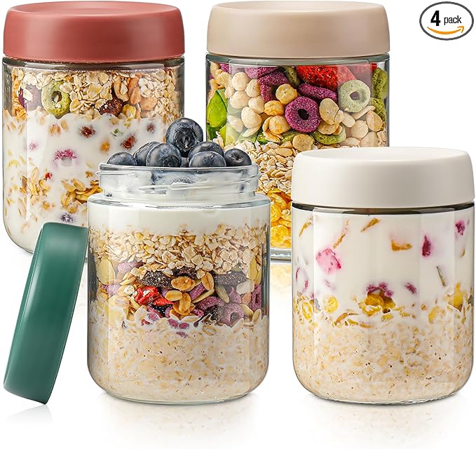 DIMBRAH Overnight Oats Containers with Lids,16oz Glass Jars with Lids - Set Of 4, Practical Oatmeal Container to Go, Chia Seed Pudding Jars, Baby Food Containers