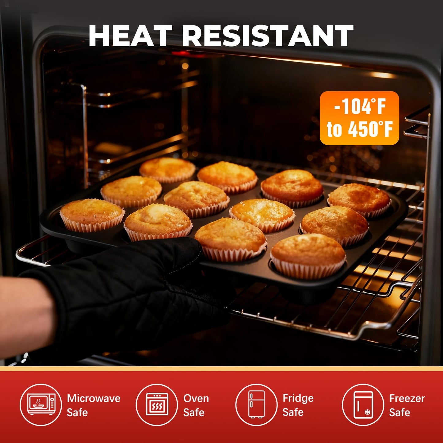 Samuelworld Silicone Muffin Pan for Baking: 24 Cup Muffin Pan with Metal Reinforced Frame, Regular Size Cupcake Egg Bites Molds for Baking, BPA Free Silicone Muffin Tray, 2 Pack, Red (With Scooper)