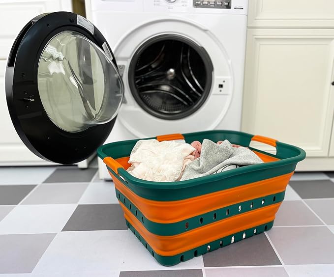 SAMMART 42L (11 gallon) Collapsible Plastic Laundry Basket - Foldable Pop Up Storage Container/Organizer - Space Saving Hamper/Basket (1, Teal Green/Autumn leaf)