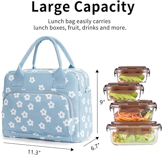 Lunch Bag Women Lunch Box for Women Adult Cute Insulated Lunch Bag Lager Cooler Lunch Tote Bags for Work Picnic (Blue-Flower)