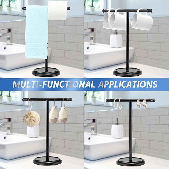 Hand Towel Holder Stand, Free Standing Towel Rack Stand with Stainless Steel Base, Rust-Proof Towel Bar for Bathroom Kitchen Countertop (Black)