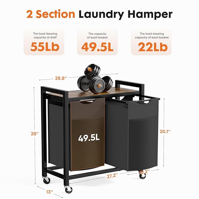DUMOS Laundry Hamper with 2 Pull-Out Removable Sorter Bags, Movable Wheels, Freestanding Clothes Basket Organizer in Bathroom, 2 × 13.1Gal (99L) Capacity, Rustic Brown and Black